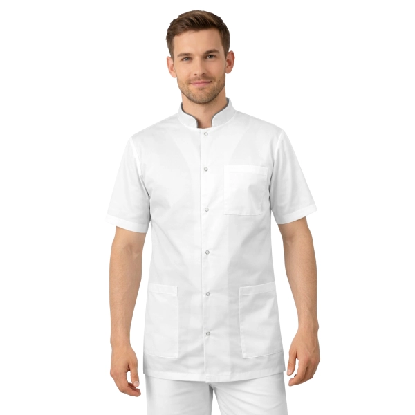 Bluza medyczna męska ze stójką biała ze stójką szarą krótki rękaw roz.3XL – bluza medyczna – bluza lekarska robocza